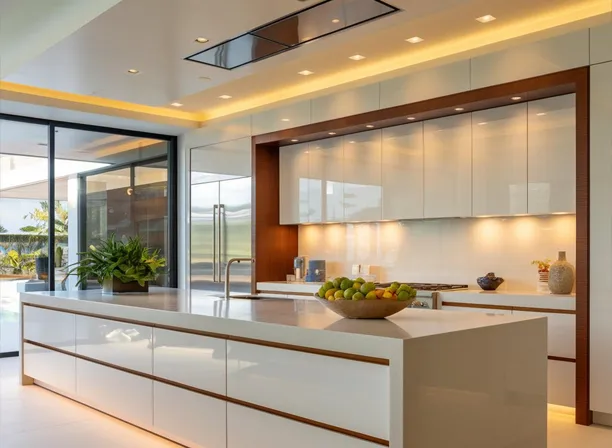 Luxury kitchen with a large island, sleek cabinetry, and integrated lighting