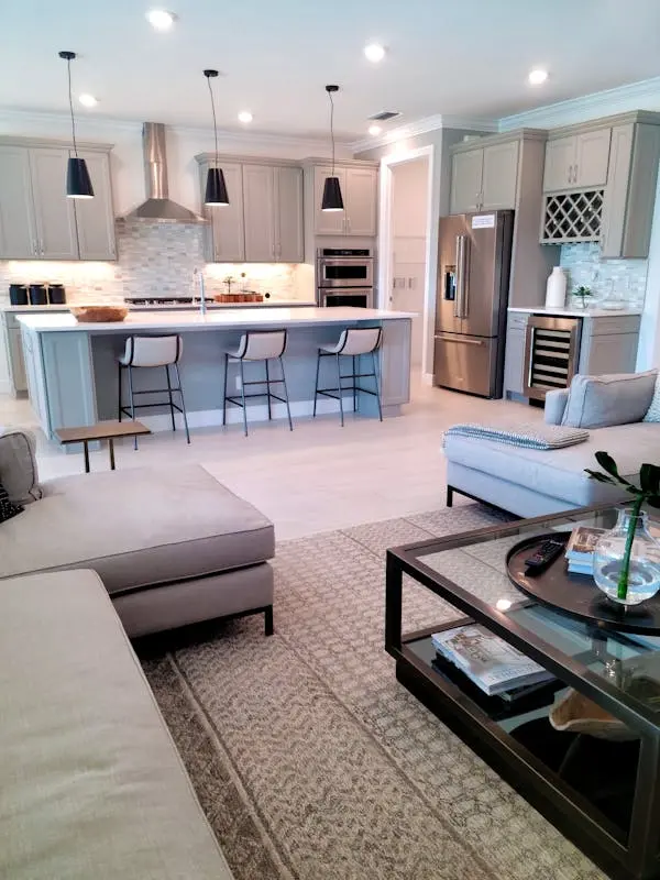 Open concept kitchen connected to a living area