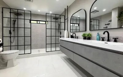 Walk-in shower with frameless glass enclosure