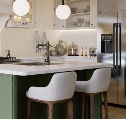 Open concept finished kitchen with island and continuous flooring