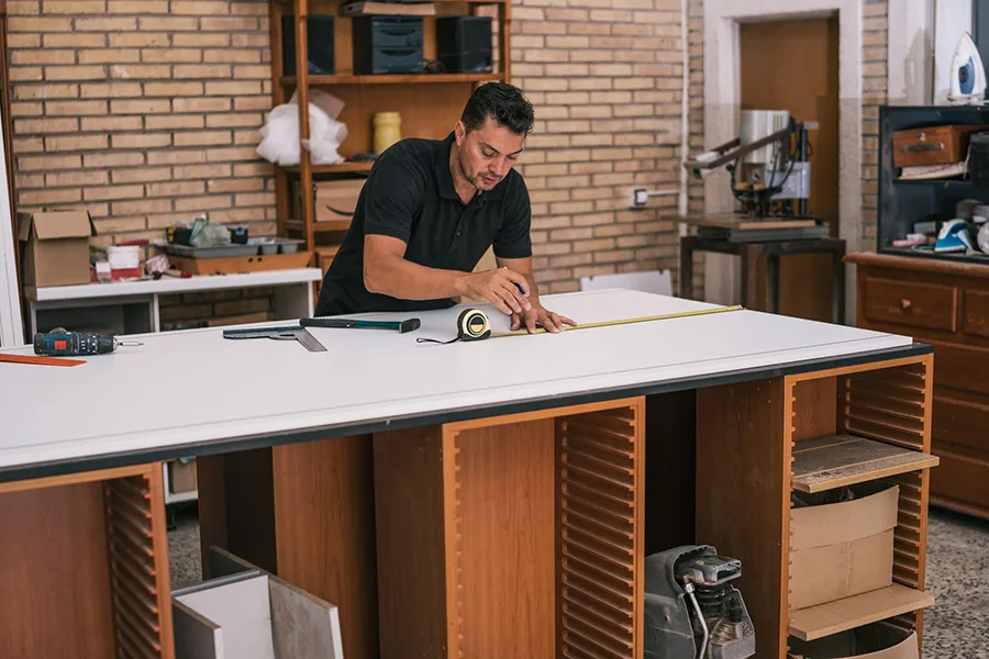 Custom kitchen cabinetry with full-extension drawers and integrated storage