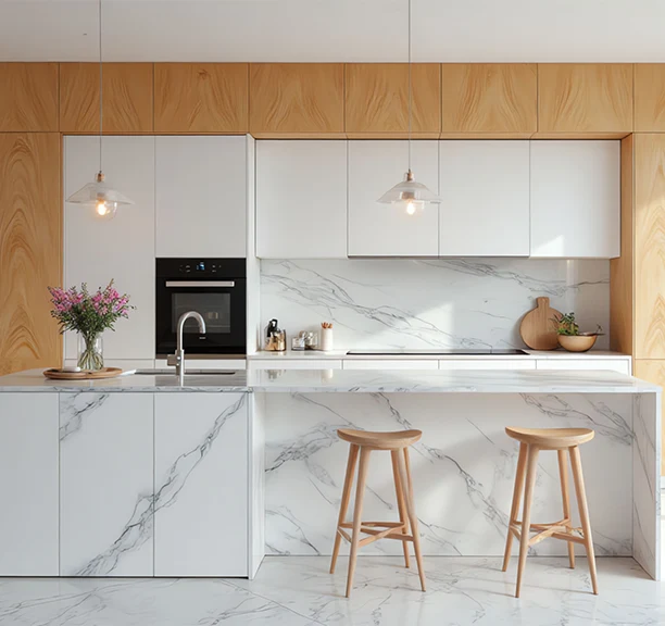 Modern luxury kitchen with stone island and integrated appliances