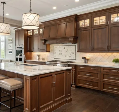 Warm transitional kitchen with balanced classic cabinetry and modern lighting