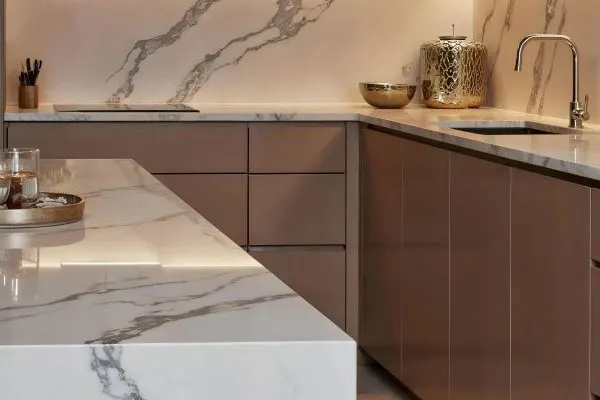 Polished marble countertop with refined veining