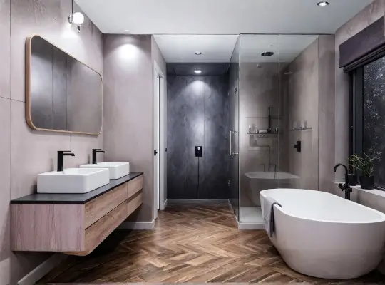 Bathroom detail showing tile, vanity, and premium materials