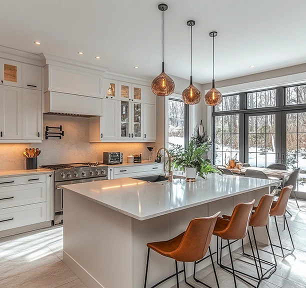 Transitional kitchen with warm wood and stone