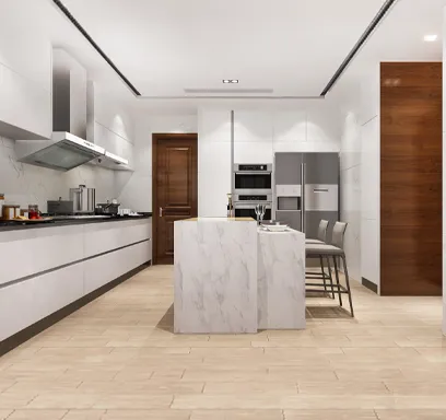 Minimalist modern kitchen with clean cabinetry, stone surfaces, and indoor outdoor flow