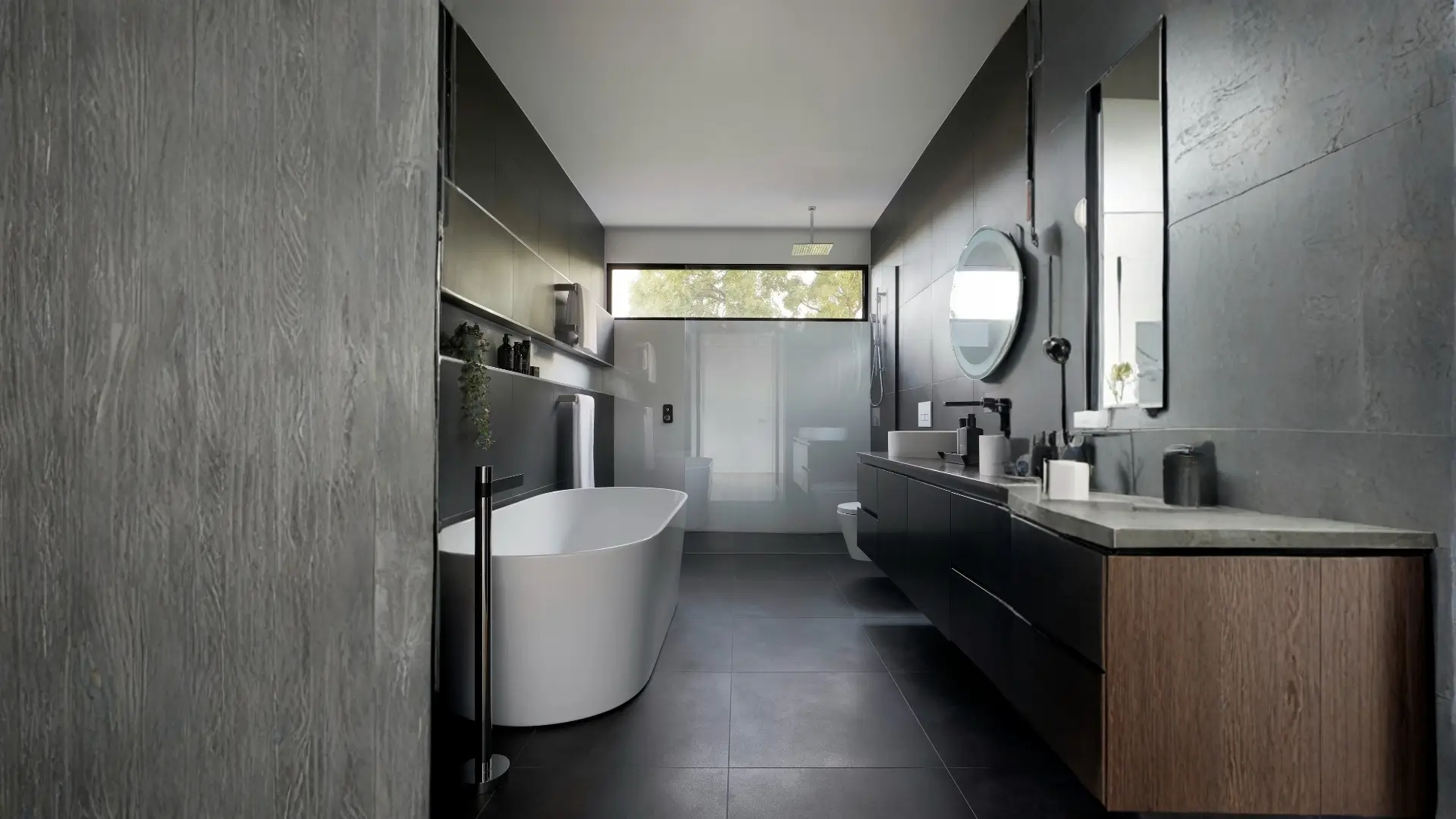 Bright modern bathroom with walk-in shower and vanity