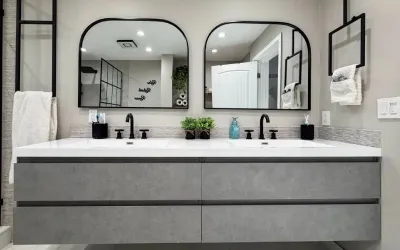 Floating vanity with custom tilework