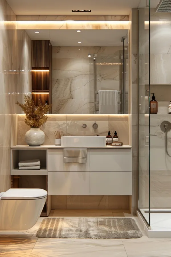 Detail of a luxury bathroom with marble tile and brushed fixtures
