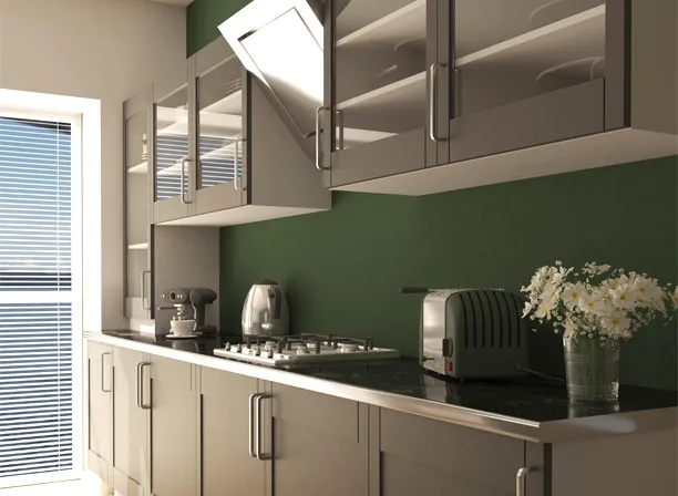 Homeowners using a remodeled kitchen with open shelving, storage, and a large worktop