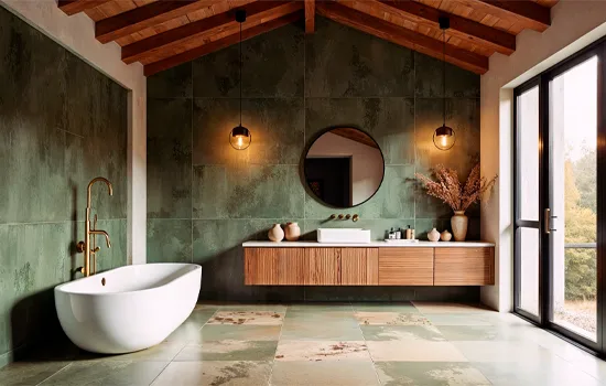 Contemporary bathroom interior with tile and warm accents