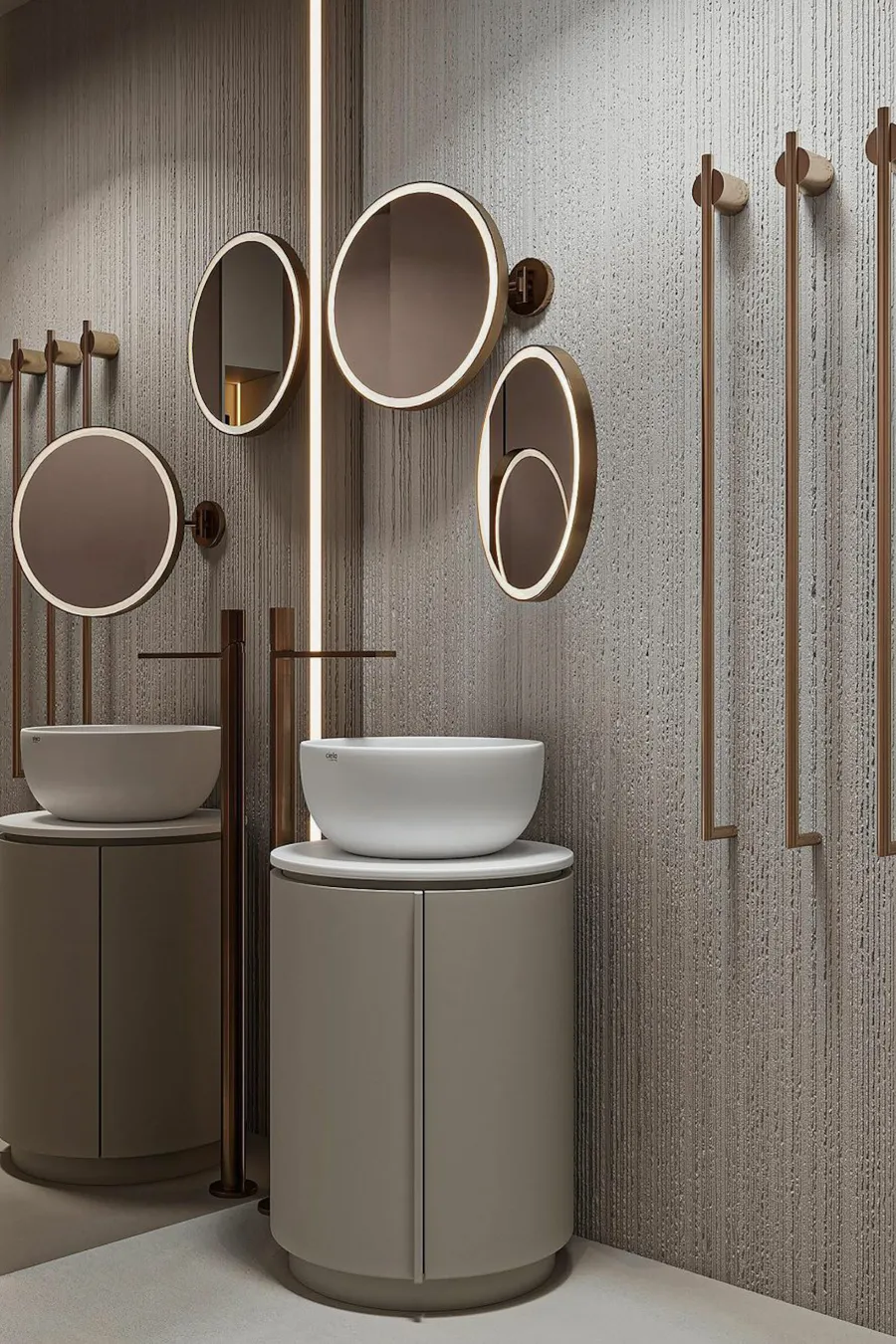 Brushed brass cabinet hardware and matching plumbing fixtures