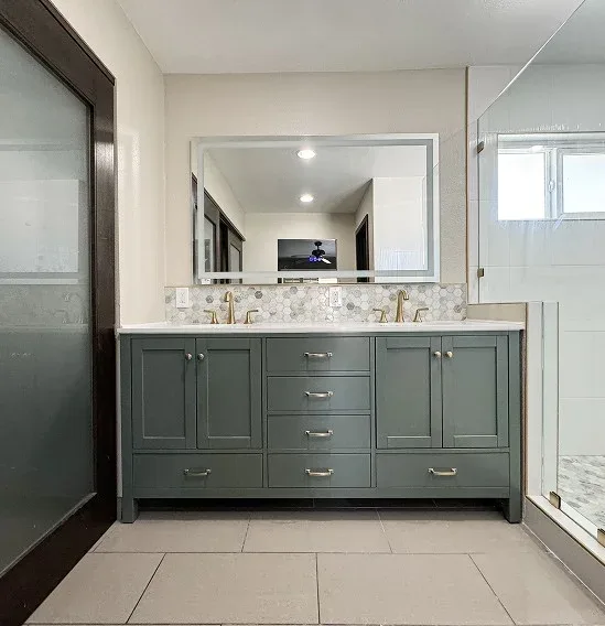 Spa-inspired bathroom with walk-in shower and floating vanity
