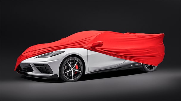 Premium indoor car cover in Red with embossed Stingray logo, Genuine Corvette Accessory