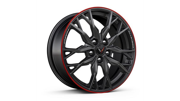 19" front/20" rear 20-spoke Midnight Gray with Red stripe forged aluminum wheels