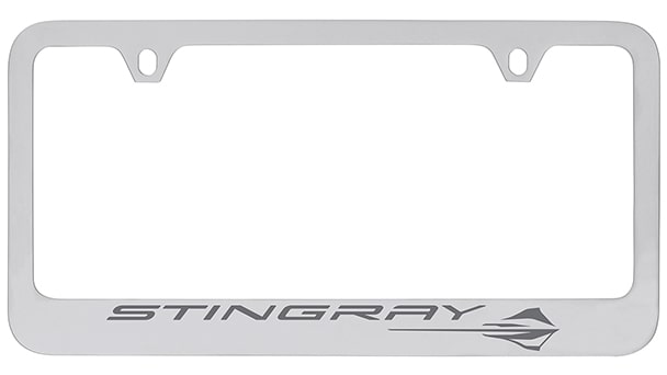 License Plate Frames (Satin Chrome with Engraved Corvette Stingray Logo in Dark Charcoal Gray Epoxy fill)