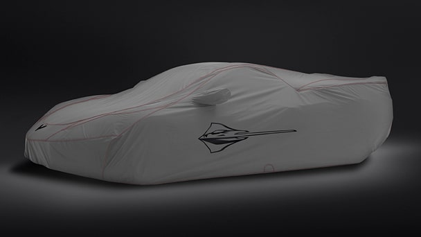 Premium outdoor car cover in Gray with Stingray logo and access panels, Genuine Corvette Accessory
