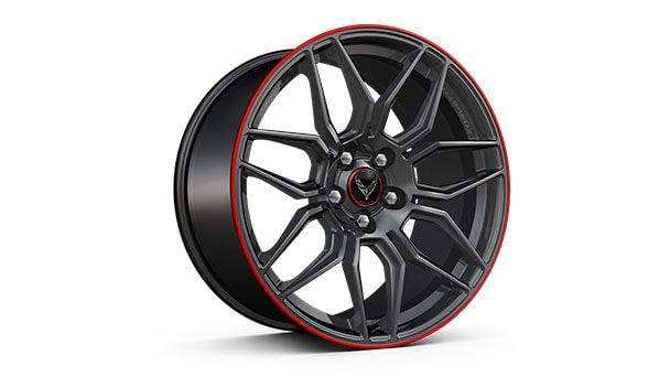20" front/21" rear spider-design Satin Graphite forged aluminum wheels with Red stripe