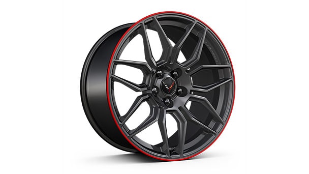 20" front/21" rear spider-design Satin Graphite forged aluminum wheels with Red stripe, Genuine Corvette Accessory