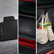 Sport Carpeted Floor Mats, Carpeted Trunk Area Protector, Hideaway Trunk Cargo Net, and Shopping Bag Hook*